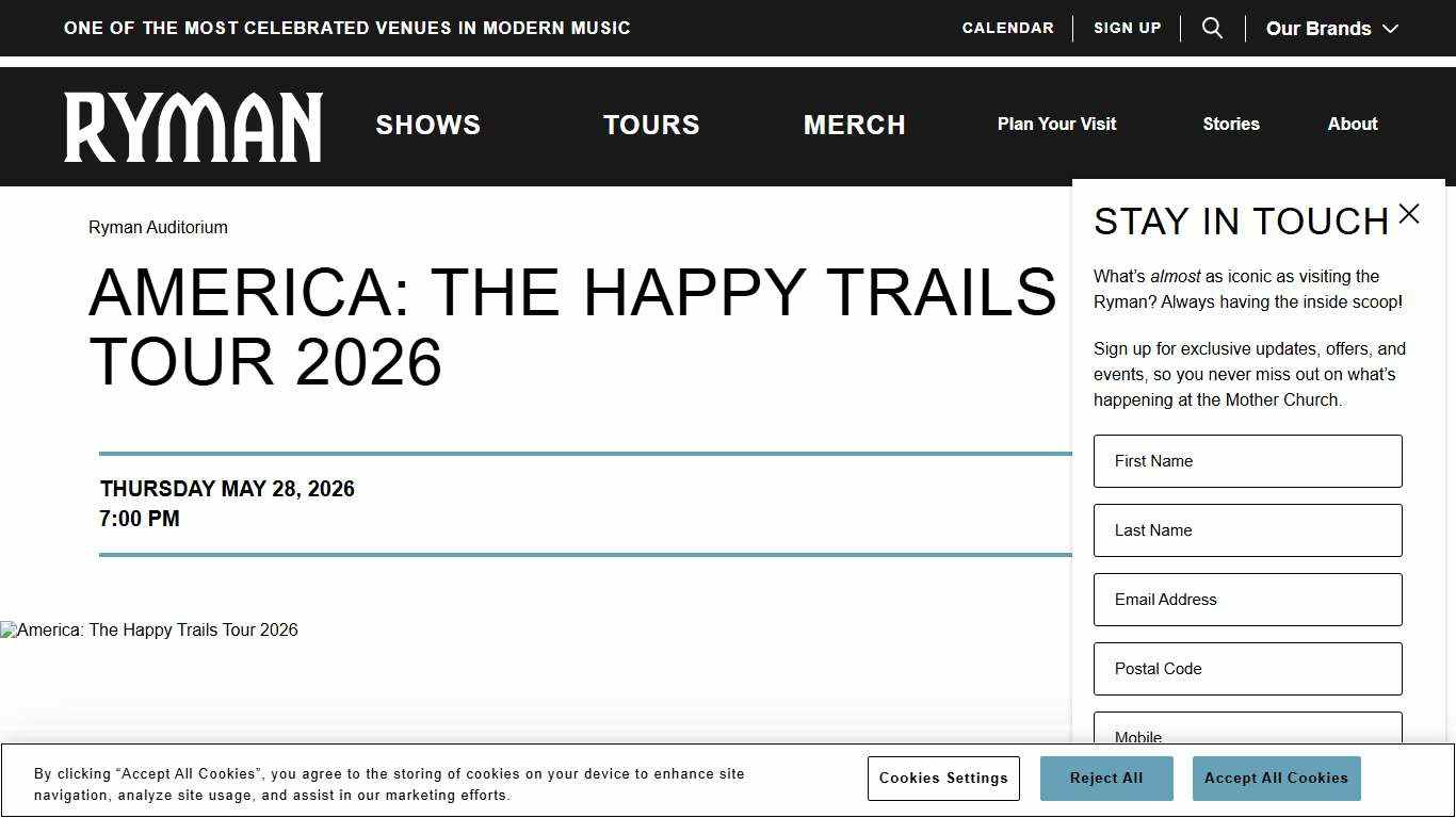 America: The Happy Trails Tour 2026 - Ryman Auditorium